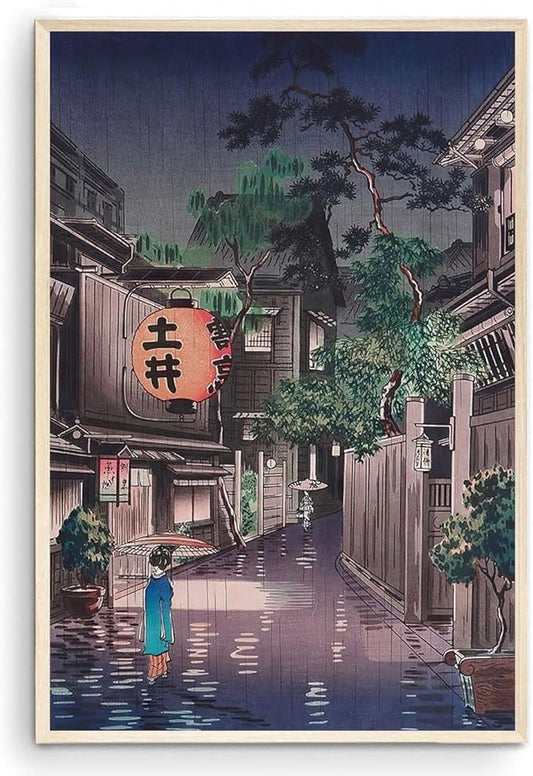 OZCONO Japanese Street Scene Art Print, Vintage Evening Cityscape, UV-Resistant Giclée Wall Decor, Unframed (30L x 20W)