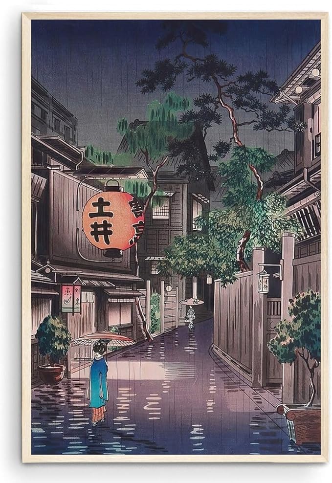 OZCONO Japanese Street Scene Art Print, Vintage Evening Cityscape, UV-Resistant Giclée Wall Decor, Unframed (24L x 16W)