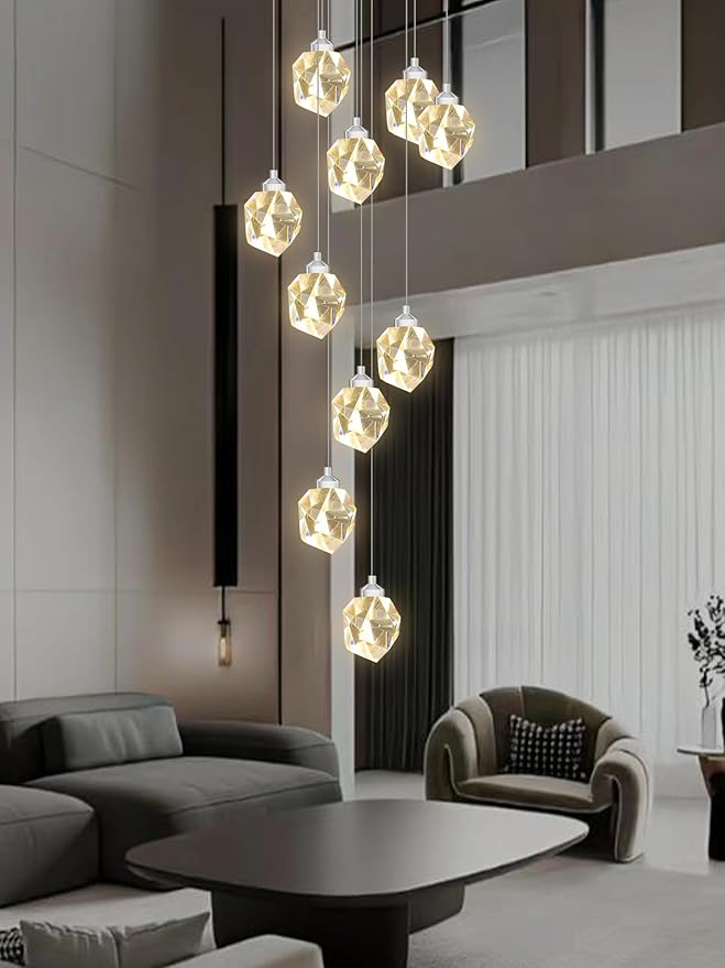 Long Crystal Chandelier Silver 10-Light Spiral Stair Chandeliers for High Ceilings Foyer Entryway Flush Mount Ceiling Lights LED Dimmbale 3000-6000K