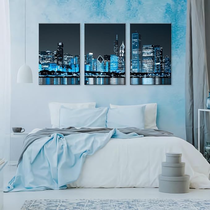 NAN Wind Modern Office Decor Chicago Skyline Canvas Art Chicago City Center Skyline Canvas Prints Cityscape Wall Decorations Blue Wall Decor for Living Room Pictures for Bedroom Decorations