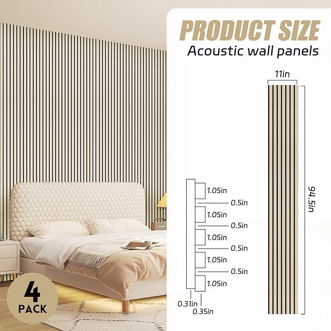 4 Pack 94.5" × 11" Wood Panels for Wall, Acoustic Soundproof Wall Slat Panels, 3D Wall Panels for Home Office Decoration,Natural Oak