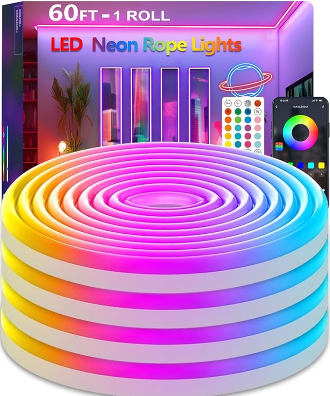 60FT Neon Rope Lights,Flexible Led Light Control with App/Remote,Multiple Modes,IP67 Outdoor Waterproof,Music Sync Strip for Bedroom