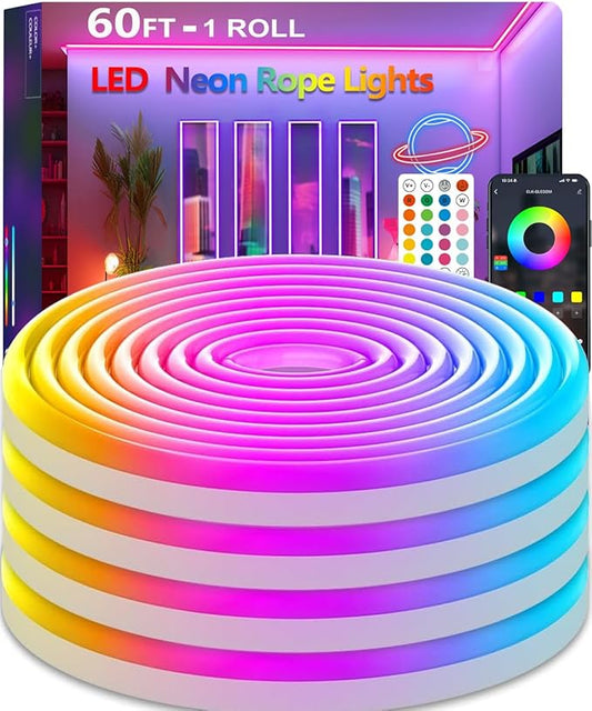 60FT Neon Rope Lights,Flexible Led Light Control with App/Remote,Multiple Modes,IP67 Outdoor Waterproof,Music Sync Strip for Bedroom