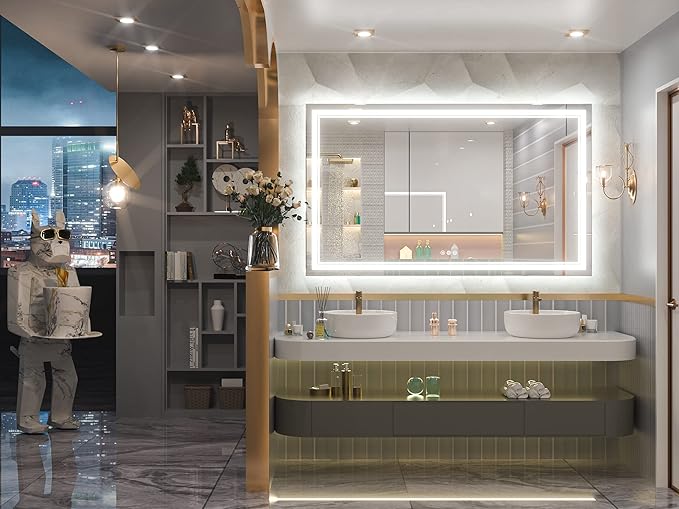 Keonjinn LED Bathroom Mirror 60" x 36" with Frontlit and Backlit, Tempered Glass Stepless 3 Colors Temperature & Dimmable Large Vanity Mirror, UL Listed LED Driver, Double Lights Anti-Fog Wall Mirror