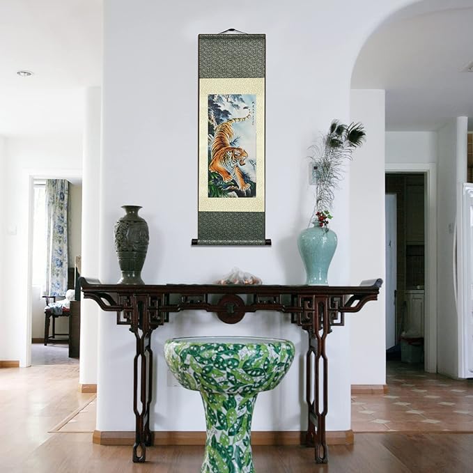 AtfArt Asian Wall Decor - Beautiful Silk Painting Animal - Tiger King Deterrence - Oriental Decor Chinese Art Wall Scroll (36.2 x 12 in)