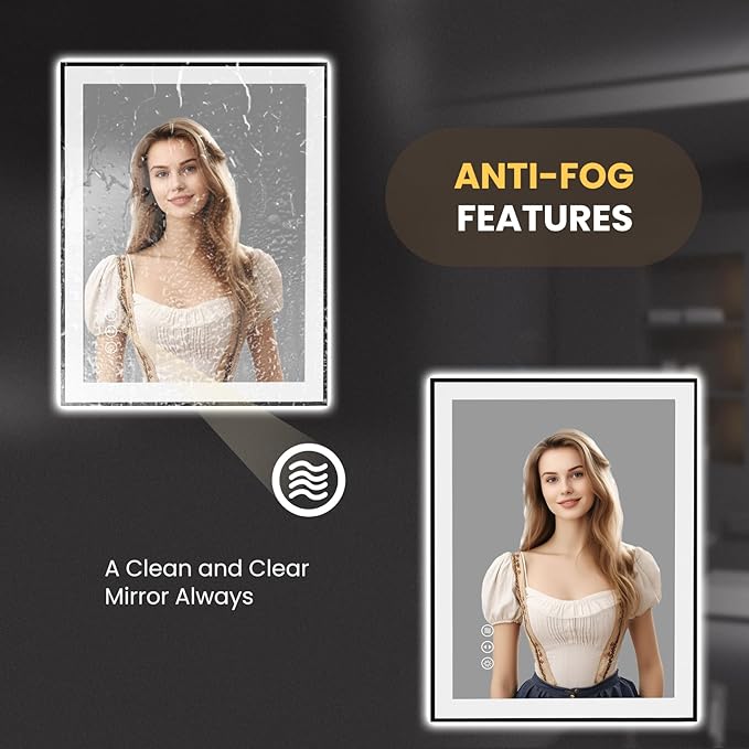 LOAAO 24"X36" LED Bathroom Mirror Black Framed, Anti-Fog, Dimmable, Lighted Bathroom Vanity Mirror for Wall, Memory Function, Tempered Glass