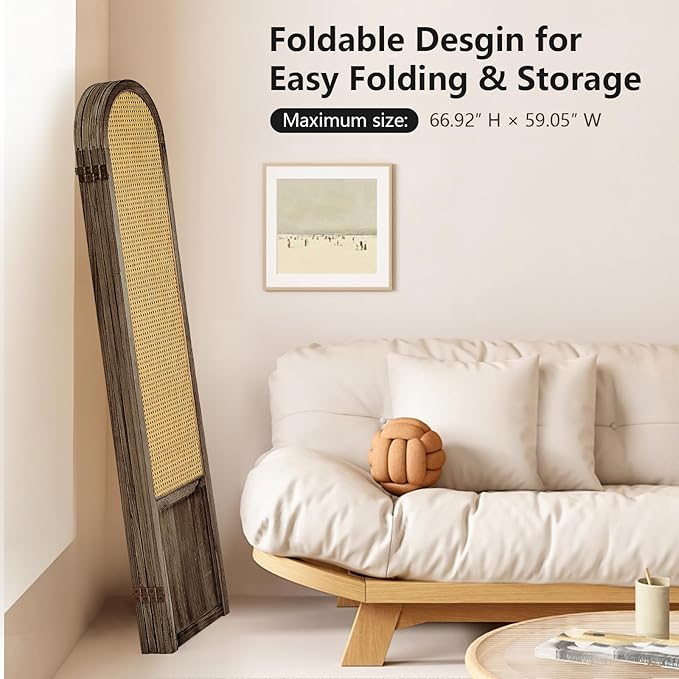 4 Panel Room Divider Wall, Folding Privacy Screen, Foldable Wood Divider Room Dec, Rattan Room Divider, Portable Partition Screen, Wall Divider for Room Separation Home Office (Brown)