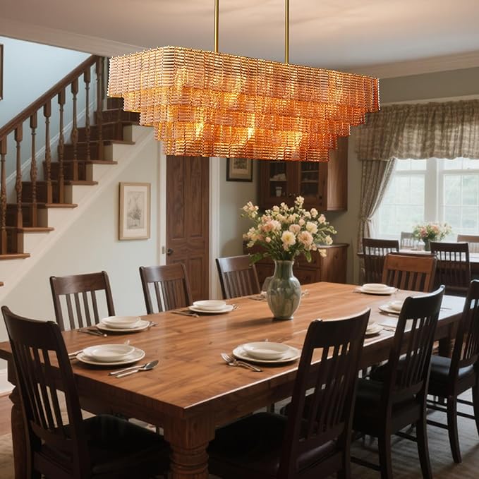 Large Chandelier for Dining Room, 59" 11-Light Amber Rectangular Chandeliers for High Ceilings, Modern Gold Kitchen Island Hanging Light Fixture for Living Room, Dining Room, Kitchen Island, Foyer