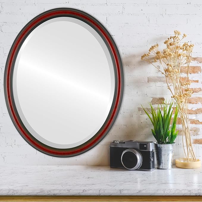 OVALCREST Oval Beveled Wall Mirror for Home Decor - Saratoga Style - Vintage Cherry - 18x22 Outside Dimensions
