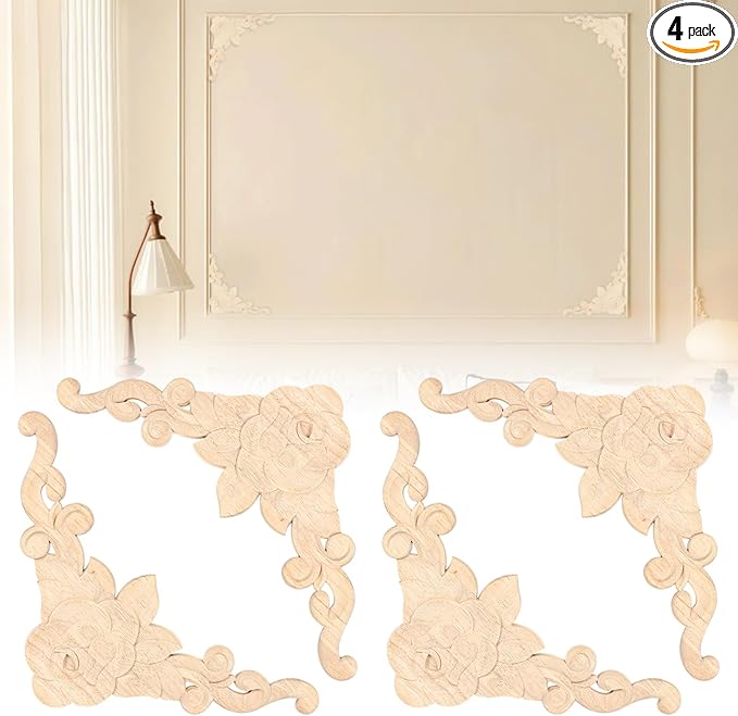 4-Pack Wood Ceiling Molding Corner Trim, 13.4"x13.4" Carved Flower Wall Panels, French Style Decorative Accent for Ceiling & Wall Décor