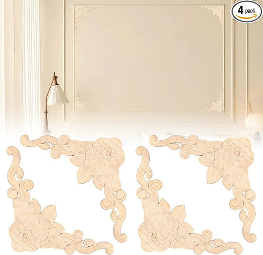 4-Pack Wood Ceiling Molding Corner Trim, 13.4"x13.4" Carved Flower Wall Panels, French Style Decorative Accent for Ceiling & Wall Décor