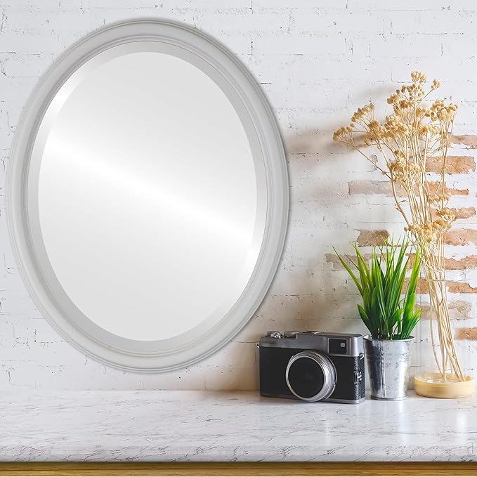 OVALCREST Oval Beveled Wall Mirror for Home Decor - Saratoga Style - Linen White - 14x18 Outside Dimensions