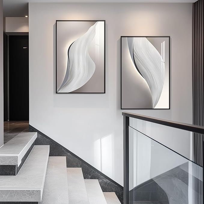 Large Framed Modern Wall Art for Living Room, 3 Piece Minimalist Abstract White and Grey Prints Wall Decor, Bright Style Artwork Paintings Pictures for Hallway Dining Office 24x36 Inch