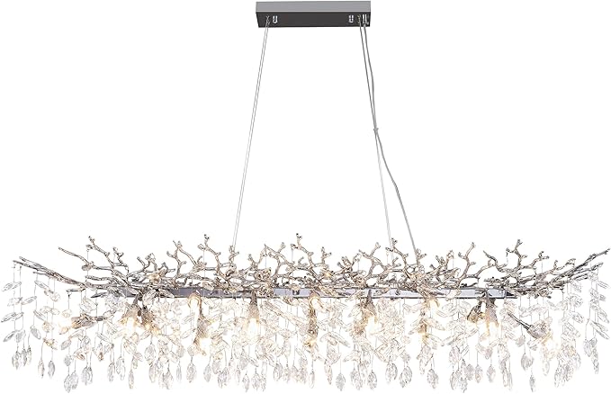 Modern Tree Branch Chandelier, 16 Lights Rectangular 59" Crystal Silver Chandeliers Height Adjustable for Kitchen Island Dining Room Living Room