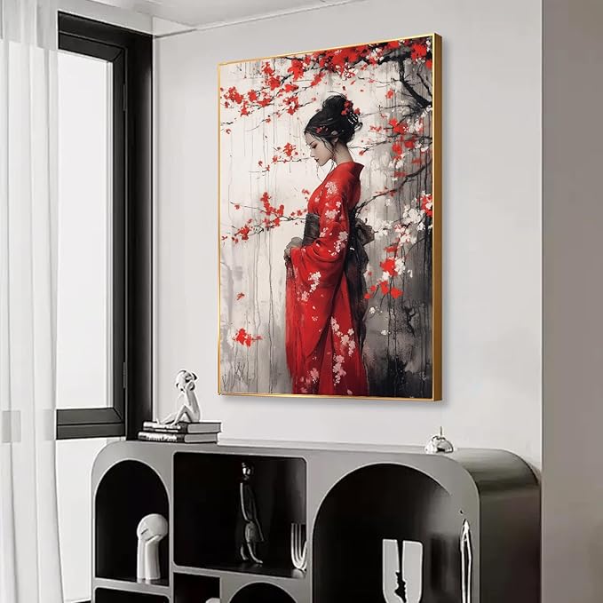Kewhush Japanese Geisha Canvas Wall Art, Cherry Blossom Wall Art, Framed Canvas Print, Modern Asian Wall Decor, Japan Wall Print, Traditional Home Decor (Black Framed, 28"x42" | 71x107cm)