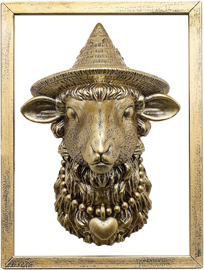 Animal Heads Wall Decor (Includes Metal Frame) Resin Animals Sculptures Head Wall Hanging Decoration Gold vintage Wall Sculpture for Living Room Bedroom Office(Sheep)