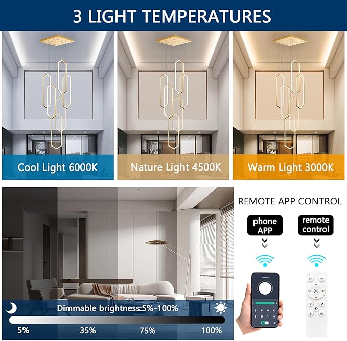 6-Rings Chandelier Modern, Gold Contemporary LED Light for Living Room Entrance, Dimmable Flush Mount High Ceiling Chandeliers with Remote Control for Villa Foyer