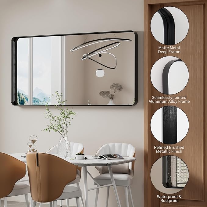 Koonmi Black Bathroom Mirror for Wall, 30x60 Inch Matte Metal Deep Framed Rounded Corner Wall Mirror, Shatterproof Tempered Glass for Farmhouse Bedroom Entryway, Vertically or Horizontally