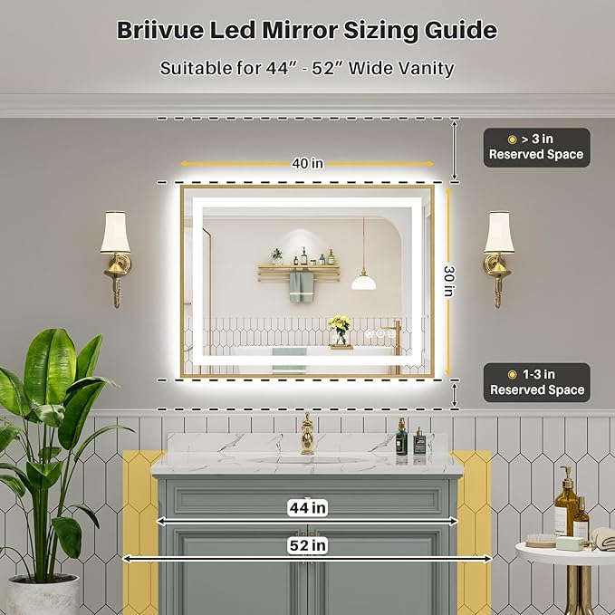 40x30 Inch LED Bathroom Mirror with Gold Frame, Backlit & Front Lit, Anti-Fog Lighted Bathroom Vanity Mirror for Wall, Memory Function, Dimmable, HD Tempered Glass, Shatter-Proof