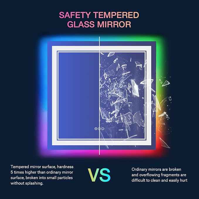 36x36 inch Lighted Bathroom Mirror for Wall,Front Lighted and RGB Backlit LED Bathroom Mirror with Lights,Tempered Glass/Dimmable/Anti-Fog/Square Mirror