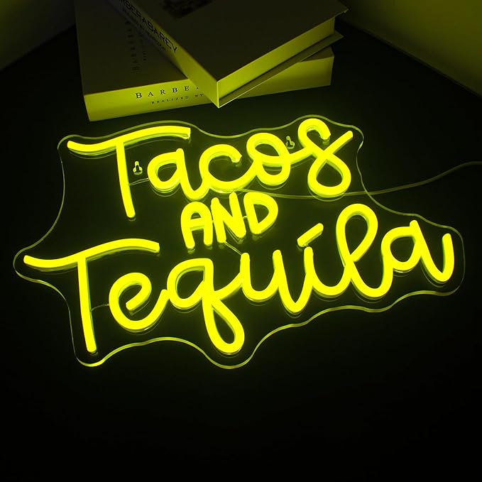 Looklight Tacos and Tequila Neon Sign,Taco Led Neon Signs for Wall Decor,Lemon-yellow Neon Light Sign,Letters USB Connectivity Neon Light Up Sign for Fast Food Shop Bar Kitchen Mexican Restaurant