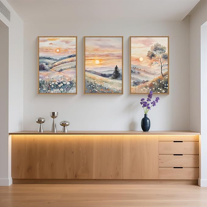 Ausril Pink Boho Sunset Framed Canvas Wall Art Set, Watercolor Sunrise Wildflower Wall Decor, Pink Nature Wall Painting, Botanical Flower Art Print for Living Room, Bedroom, Office, Hallway 16"X24"X3