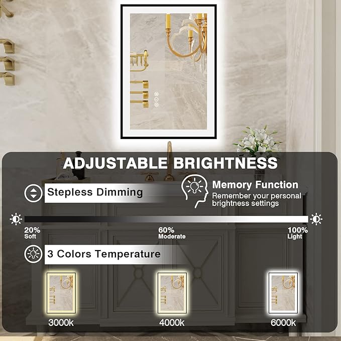 20x28 LED Bathroom Mirrors for Wall -Black Aluminum Framed (Front and Backlit), Anti-Fog Vanity Mirror With Lights,Stepless Dimmable Lighted Mirror,3 Colors Smart Mirror(Horizontal/Vertical)