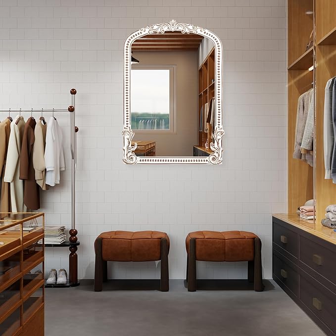 25x35 Inch Baroque Arched Wall Mirror Wooden, Rustic Farmhouse Decorative Mirrors for Fireplace, Entryway, Living Room, Bedroom, Bathroom