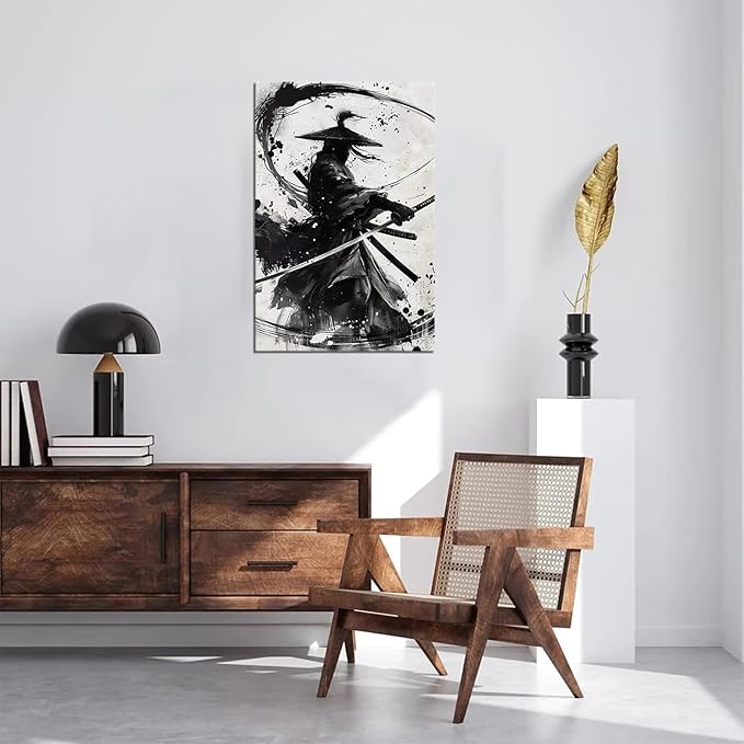 Japanese Samurai Wall Art Black and White Warrior Wall Decor Prints Vintage Japanese Cultural Samurai Pictures Canvas Painting Framed for Living Room Bathroom Bedroom Office (28''W x 44''H)