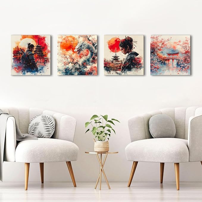 Japanese Wall Art Vintage Abstract Warrior Armored Geisha Canvas Pictures for Living Room Nature Landscape Oriental Posters Asian Dragon Japan Wall Decor Bedroom Office Home Decorations 12x12" 4 Pcs