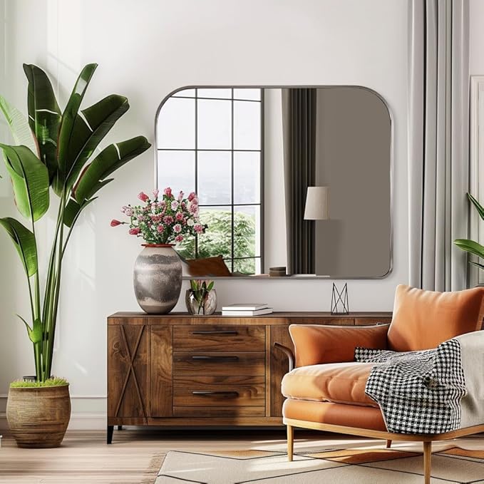 ANDY STAR Brushed Nickel Arched Mirror, 36x30’’ Modern Mantel Mirror Rounded Corner for Fireplace, Bathroom, Powder Room in 1 inch Anti-Rust SUS304 Tube Metal Frame Wall Mounted