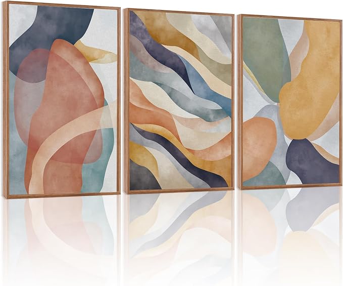 LHIUEM Large Abstract Neutral Framed Canvas Wall Art Set of 3(12”X16”)Colorful Watercolor Block Wall Art Colorful Office Decor Boho Geometric Illustrations Artwork for Living Room Bedroom Dining Room