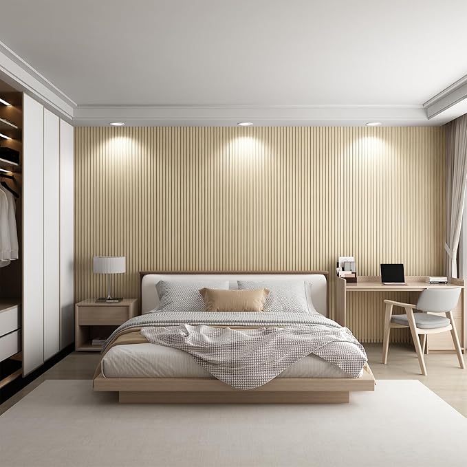 8-Pack WPC Wall Panels 118’’ x 6.3’’ 3D Slat Wall Panel Acoustic Wall Paneling for Interior Wall Decor TV Background Kitchen Bedroom Natural Wood