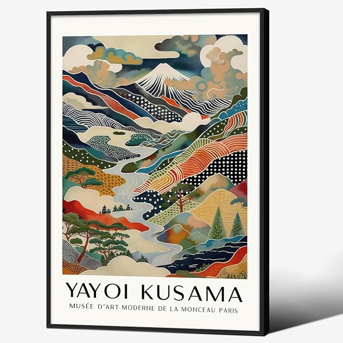 Japanese Canvas Wall Art Ya.yoi Kus.ama Mount Fuji Posters Asian Landscape Pictures Prints Modern Nature Mountain Artwork for Bathroom Living Room Bedroom Office Home Decor 24x36 inch Black Framed
