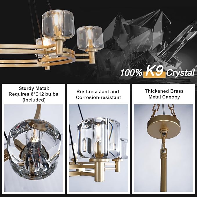 Modern Round Crystal Chandelier, 36in Large Gold Farmhouse Chandeliers for Dining Room, Light Fixtures Over Table, 6-Light Pendant Lighting Fixture for Living Room Bedroom Kitchen Island