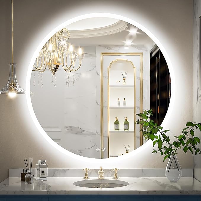 24 Inch Round LED Bathroom Mirror - 6000K Daylight Backlit, Anti-Fog & Dimmable, Frameless Waterproof Mirror with Touch Control, CRI90+, IP54 for Vanity & Makeup