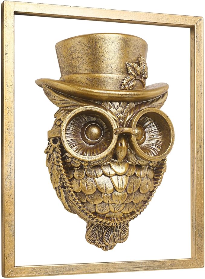 Animal Heads Wall Decor (Includes Metal Frame) Halloween Resin Animals Sculptures Head Wall Hanging Decoration Gold vintage Wall Sculpture for Living Room Bedroom Office(Owl)