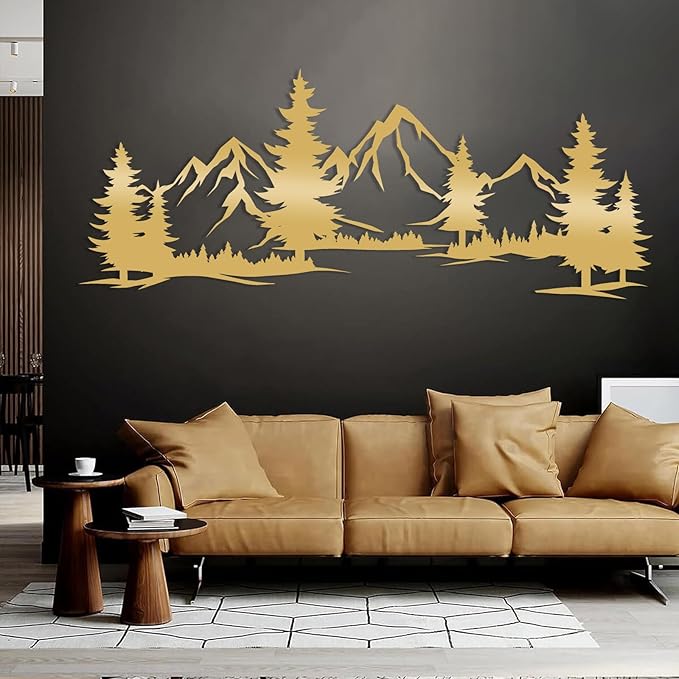 Metal Mountain Wall Art, Mountain Wall Decor, Forest Wall Hanging, Hill and Trees Metal Sign, Nature Range Wall Art, Nature Landscape for Living Room (Black, 21"x53"|54x135cm)