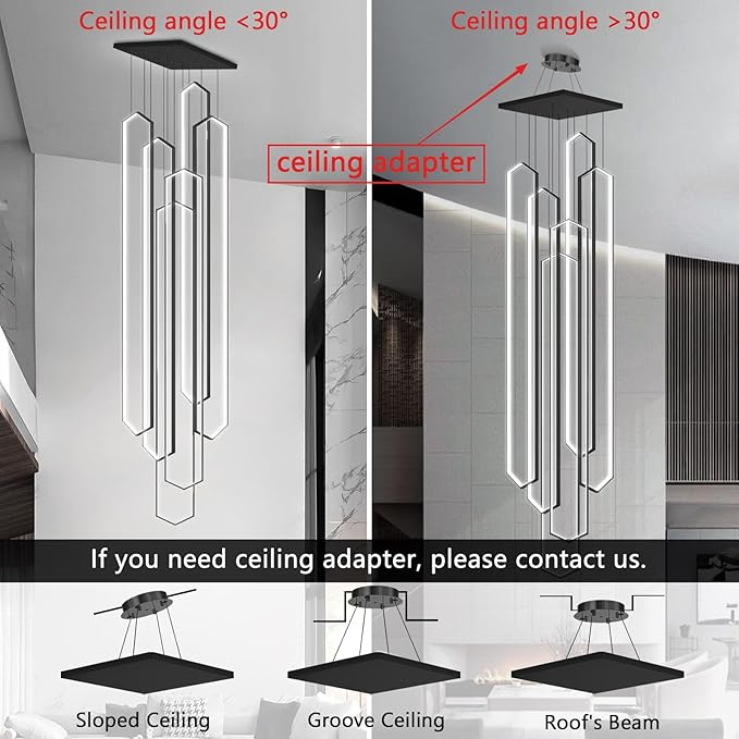 6 Rings Large Chandelier for Staircase Modern High Ceiling Chandelier LED Dimmable Chandeliers for Foyer Living Room Villa Black