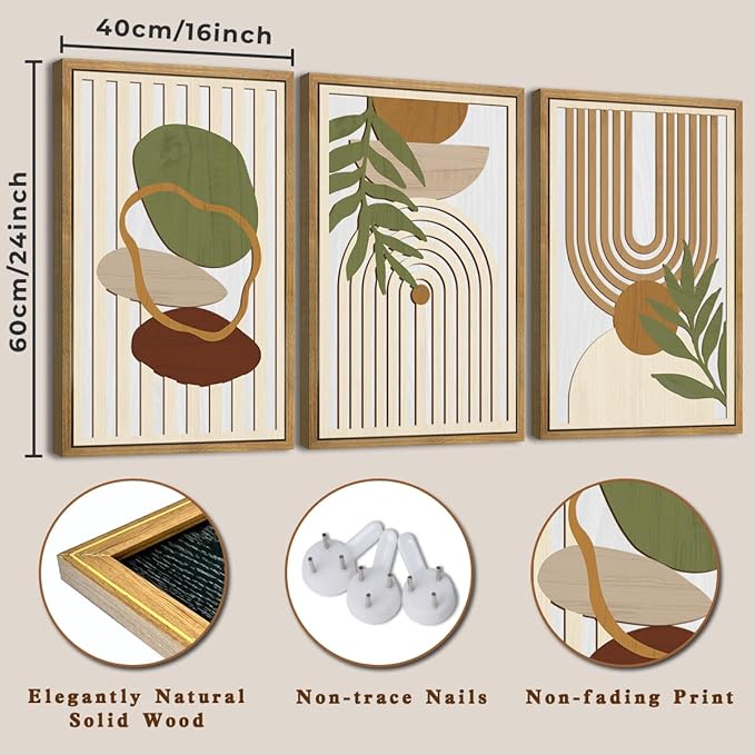 Large Sage Green Boho Wall Art Set Abstract Modern Geometric Wood Wall Decor Mid Century Neutral Artwork Bohemian Art Decor for Living Room Bedroom Office-16x24Inch x3