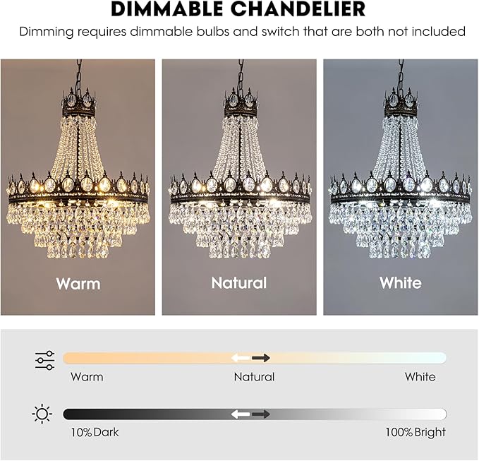 7PM Large Crystal Chandeliers, Vintage French Empire Chandelier, Antique Bronze Crystal Pendant Light, Rustic Farmhouse Ceiling Light for Dining Room Bedroom Living Room Kitchen Foyer, W 24"