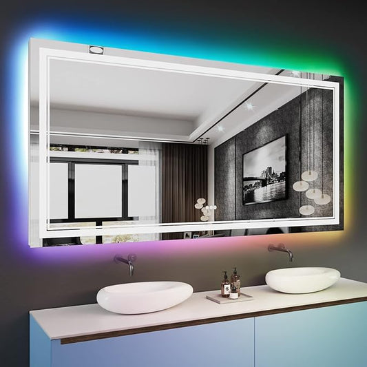 72x36 inch LED Bathroom Mirror with Lights Backlit RGB Color Changing Lighted Mirror for Bathroom Wall Dimmable Anti-Fog Led Mirror (RGB Multicolor Backlit + Adjustable Front-Lighted)
