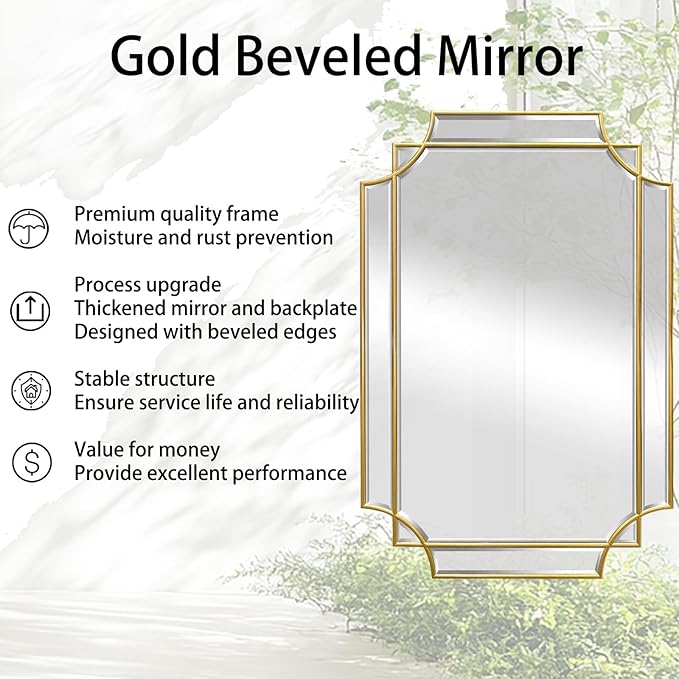 Large Gold Rectangle Mirror, 48"x31.6" Bathroom Mirrors for Over Sink, Modern Beveled Mirror Decorative, Elegant Oblong Wall Mirrors for Living Room Bedroom Fireplace Entryway Hallway