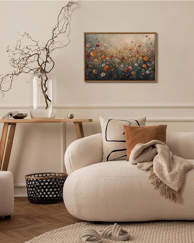 KISSFOX Vintage Framed Wall Art Farmhouse Dreamy Wildflower Field Canvas Art Colorful Daisy Floral Paintings Artwork Natural Rustic Art Prints For Bedroom Bathroom Living Room