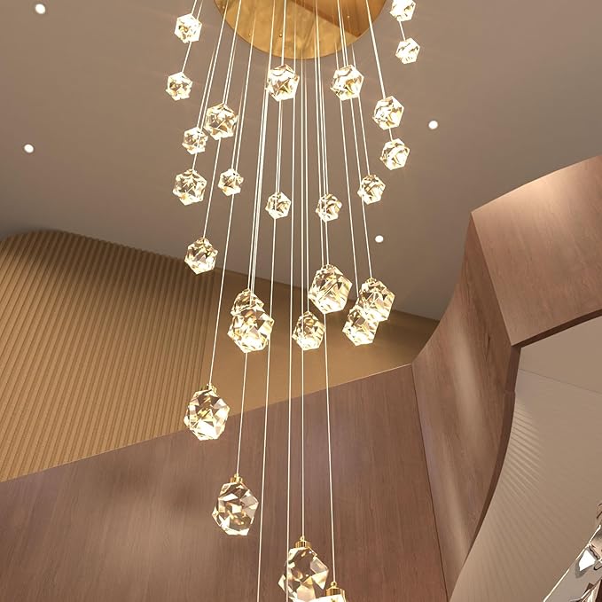 26 Light Gold Large Crystal Chandeliers for High Ceiling 135 inches Long Spiral Staircase Chandelier High Foyer Ceiling Chandelier LED Dimmable 2700-6000K