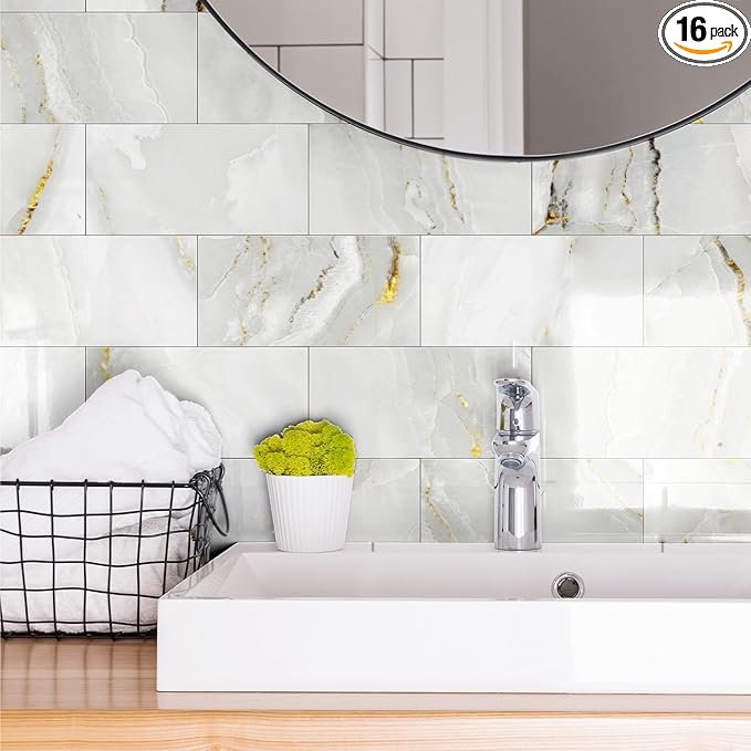 16-Pack Peel and Stick Backsplash Marble Wall Tiles, Waterproof 4" x 8" Glossy Imitation White Gold Marble, PVC Shower Wall Panels for Interior Wall Decor; Tile for Kitchen, Bathroom, and Fireplace