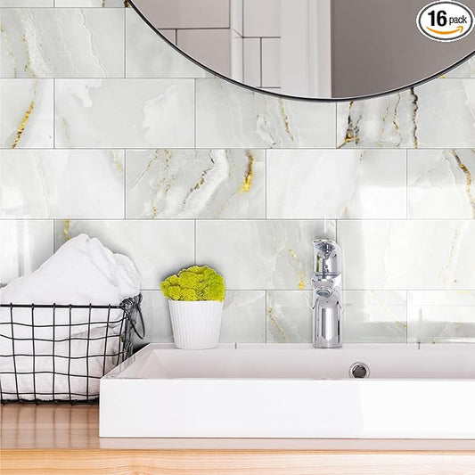 16-Pack Peel and Stick Backsplash Marble Wall Tiles, Waterproof 4" x 8" Glossy Imitation White Gold Marble, PVC Shower Wall Panels for Interior Wall Decor; Tile for Kitchen, Bathroom, and Fireplace