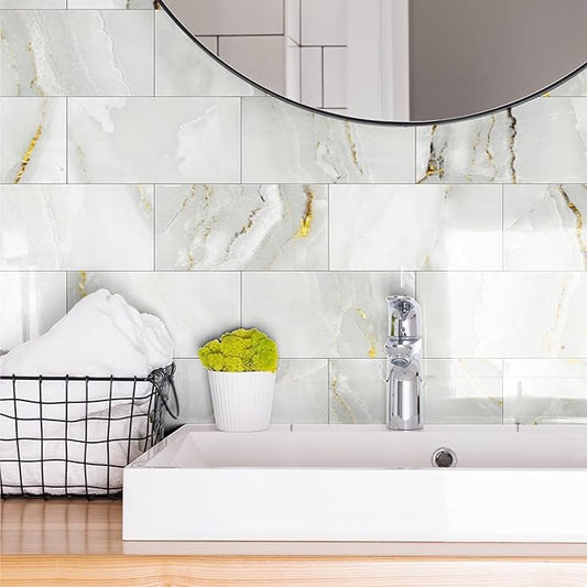 64-Pack Peel and Stick Backsplash Marble Wall Tiles, Waterproof 4" x 8" Glossy Imitation White Gold Marble, PVC Shower Wall Panels for Interior Wall Decor; Tile for Kitchen, Bathroom, and Fireplace