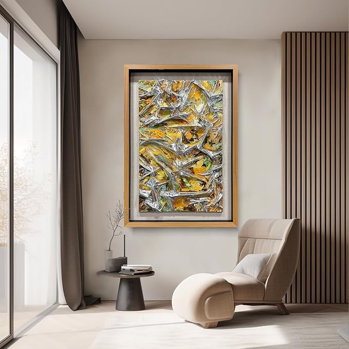 BrightA Textured silver leather abstract art - vibrant spray-painted fluid colors (yellow/orange/green) with solid wood frames, modern wall sculptures, contemporary living room 39.4"x59"