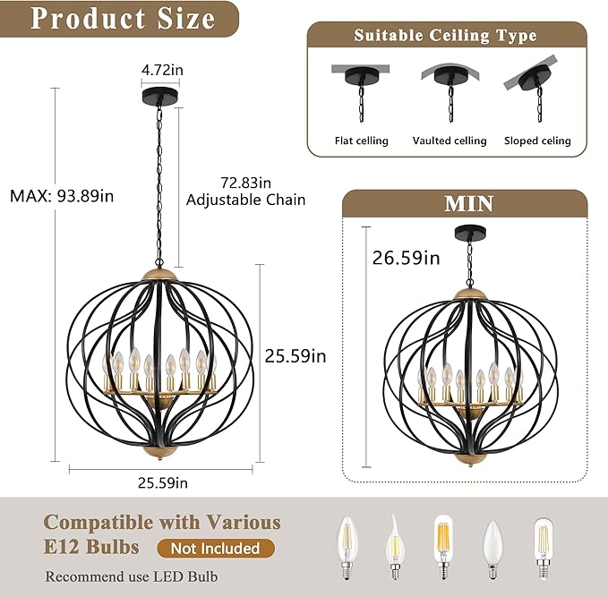 Black and Gold Chandeliers for Dining Room,25.6" Large Sphere Chandelier,8-Light Geometric Modern Farmhouse Pendant Light Orb Metal Industrial Chandelier for Foyer Entryway Stairway Living Room